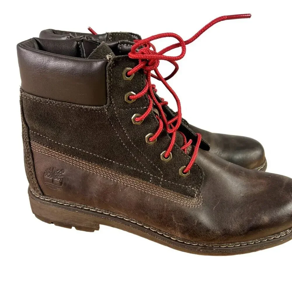 Timberland Boots Junior Boys 6 Classic Inch 8296R Brown Leather Zip Up Winter
